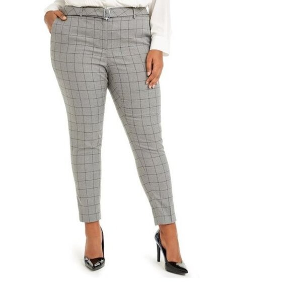 Calvin Klein PlusSize Belted Windowpane-Print Pant - Picture 1 of 6